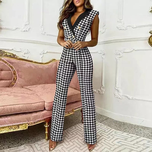 Women V-neck Houndstooth Jumpsuit